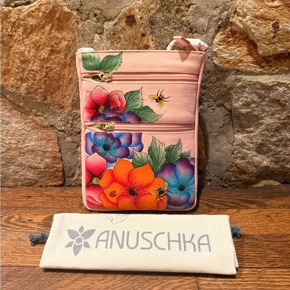 ANUSCHKA RFID Top Zip Travel Crossbody PARADISE FOUND PINK NWT! - Picture 7 of 16